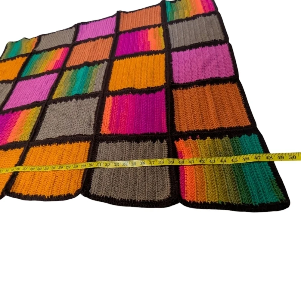 Rainbow Afghan Blanket Throw Handmade Squares Pink Orange Green Yellow 40x48